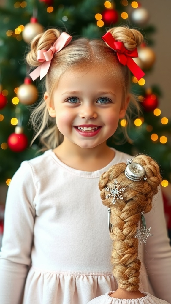 A little girl with various Christmas hairstyles, including buns, braids, and sparkly accessories, in a festive setting.
